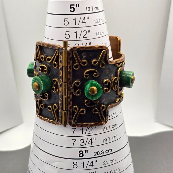 VTG Casa Maya Brutalist Copper & Malachite 2" Wide Cuff Bracelet 7" Mexico 99.8g - Picture 14 of 15